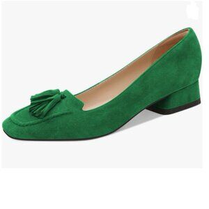 YDN Green Block Low Heel Loafers Square Toe Tassel Fringed Slip On Dress Pump